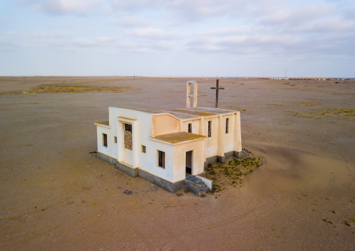 Aerial view of an abandoned church from the portuguese colonial times, Namibe Province, Tomboa, Angola