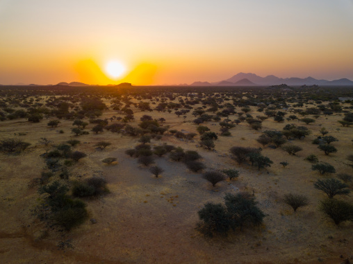 Aerial view of a sunset over the bush, Namibe Province, Virei, Angola