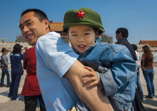 Father Holding Little Girl With A Communist Cap On His Back, Forbidden City, Beijing, China