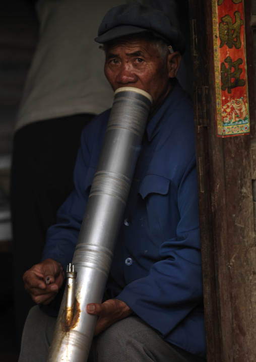 Old Man Smoking A Long Pipe, Yuanyang, Yunnan Province, China