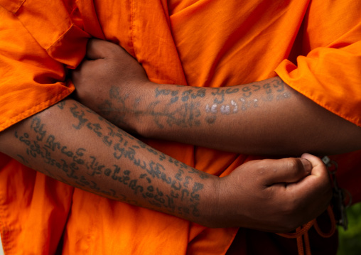 Monk With Tatoos On Arms, Menglun, Yunnan Province, China