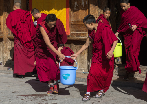 Monks carrying buckets for the painting of a temple in Rongwo monastery, Tongren County, Longwu, China