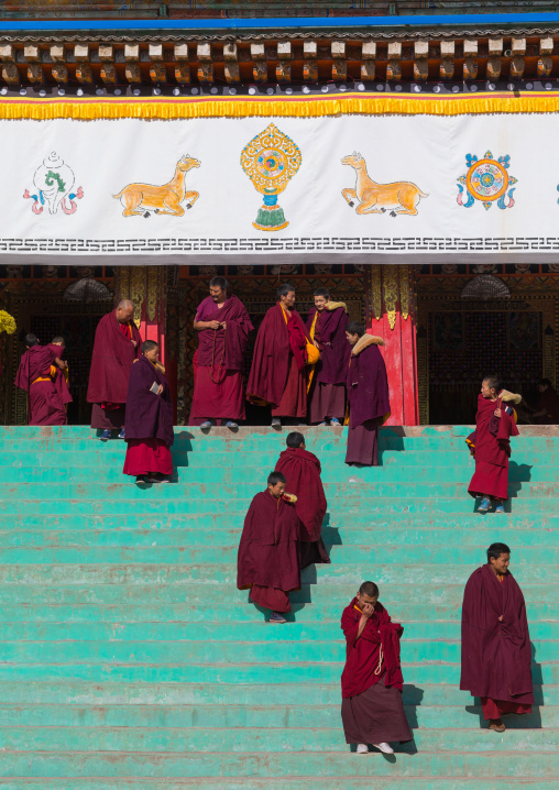 Tibetan monks of the gelug order or yellow hat sect on the stairs in front of the assembly hall in Bongya monastery, Qinghai province, Mosele, China