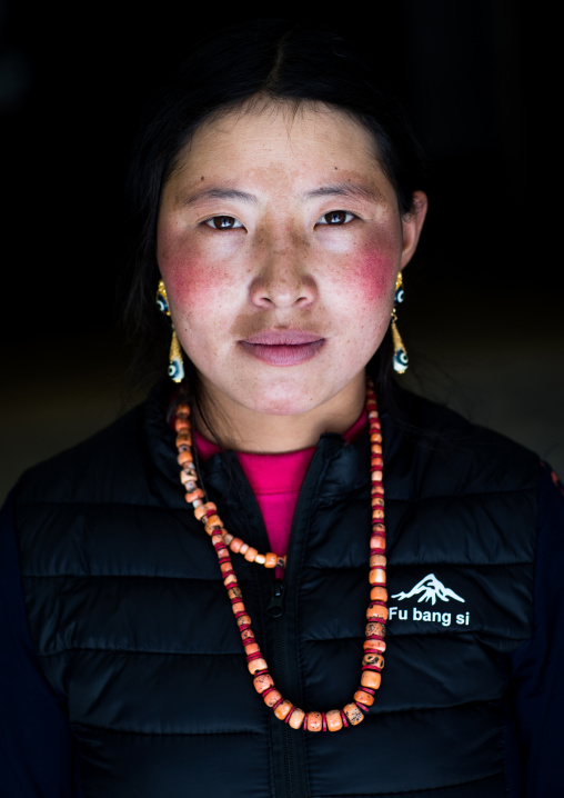 Portrait of a tibetan nomad woman with her cheeks reddened by the harsh weather, Qinghai province, Tsekhog, China