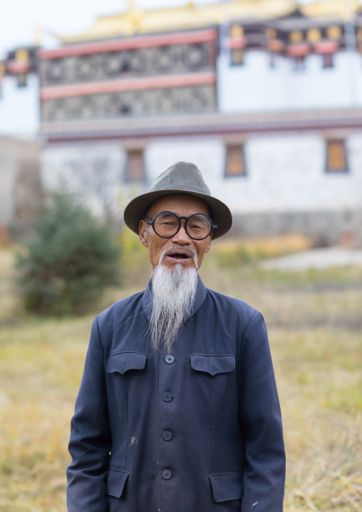 Portrait of an old chinese man with a long white beard in Hezuo monastery, Gansu province, Hezuo, China