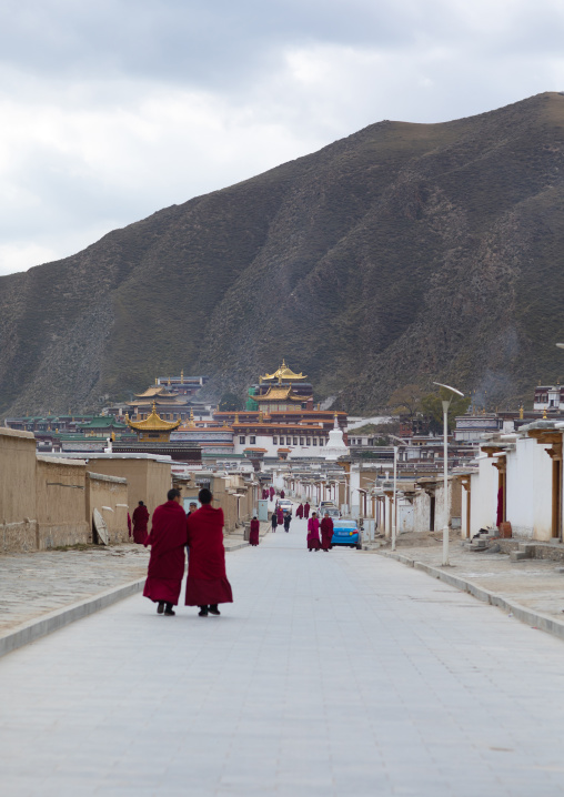 Tibetan monks walking in the streets of Labrang monastery, Gansu province, Labrang, China