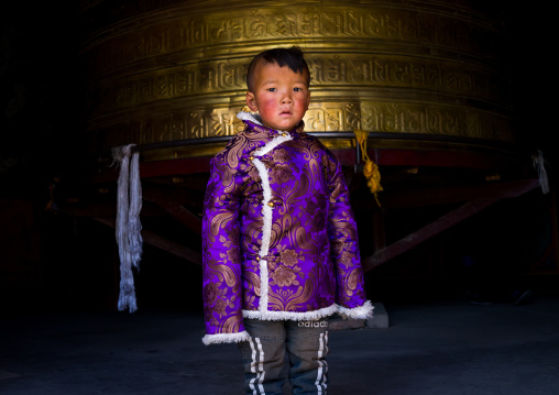 Portrait of a tibetan nomad boy with his cheeks reddened by the harsh weather in front of a prayer wheel in Rongwo monastery, Tongren County, Longwu, China