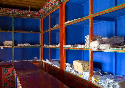 Tibetan scriptures printed from wooden blocks in Barkhang library, Gansu province, Labrang, China