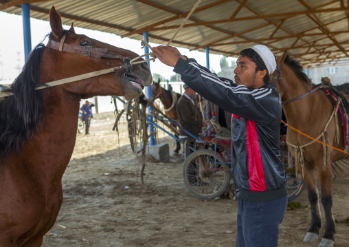 Young Uyghur Man Trying Out A Horse In Serik Buya Market, Yarkand, Xinjiang Uyghur Autonomous Region, China