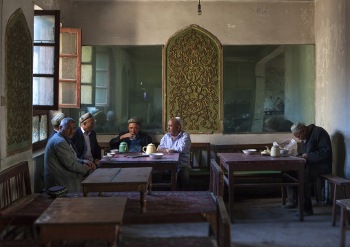 Uyghur Men In Ostangboyi Tea House, Kashgar, Xinjiang Uyghur Autonomous Region, China
