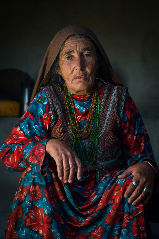 Portrait of an afghan woman in traditional clothing from pamir area, Badakhshan province, Wuzed, Afghanistan