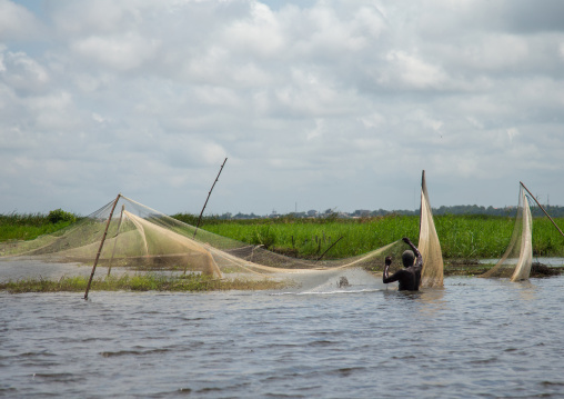 Benin, West Africa, Ganvié, fishermen nets on lake nokoue