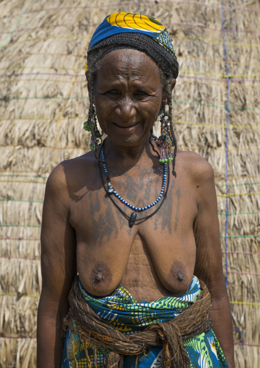 Benin, West Africa, Gossoue, an old tattooed fulani peul woman portrait