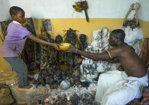 Benin, West Africa, Bonhicon, kagbanon bebe voodoo priest assisted by a virgin girl during a ceremony