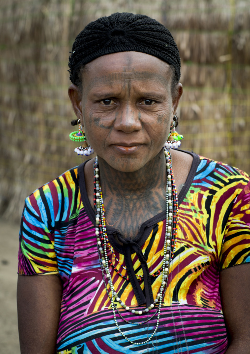Benin, West Africa, Gossoue, a tattooed fulani peul tribe woman portrait