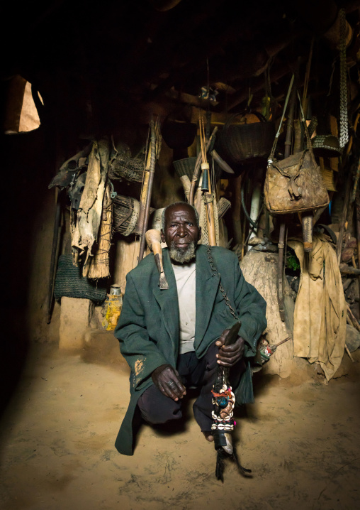 Benin, West Africa, Boukoumbé, mr kouagou maxon in his tata somba house and his traditional medicine