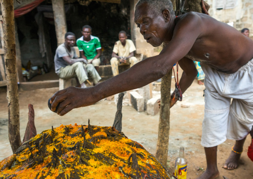 Benin, West Africa, Bopa, dah tofa voodoo master making oil offerings to his fetish