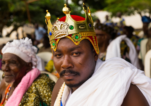 Benin, West Africa, Ouidah, beninese traditional king with a plastic crown