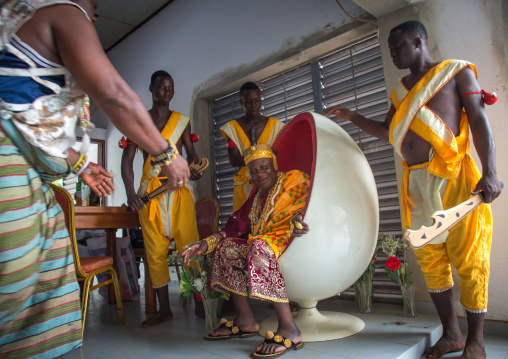 Benin, West Africa, Savalou, gbaguidi ahotondji sèvègni king of savalou sitting in an egg chair