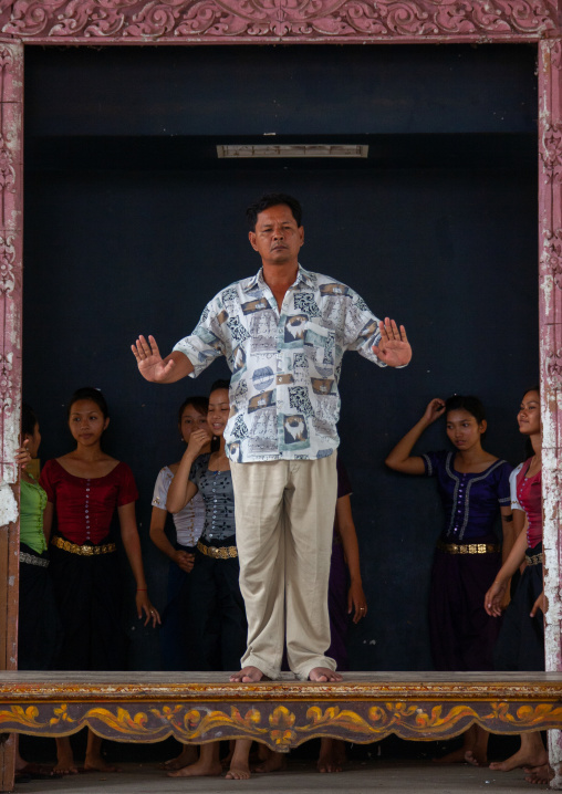 Cambodian dancers with their teacher during a training session of the National ballet, Phnom Penh province, Phnom Penh, Cambodia