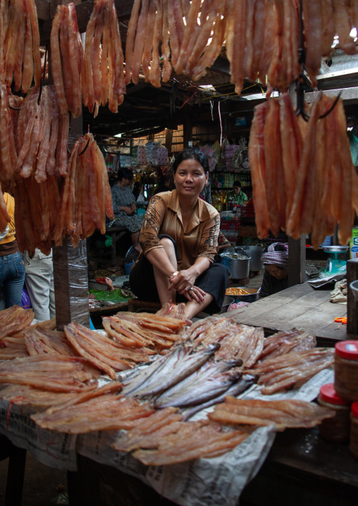 Cambodian woman selling dry fishes in a market, Phnom Penh province, Phnom Penh, Cambodia