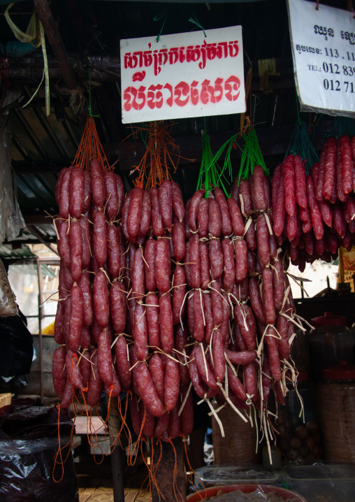 Saussages for sale inside a local market, Phnom Penh province, Phnom Penh, Cambodia