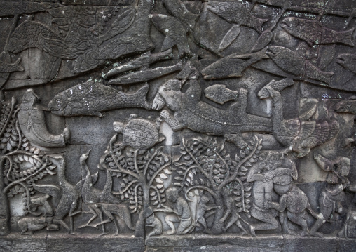 Fishes on the bas-relief on the walls of Angkor wat, Siem Reap Province, Angkor, Cambodia