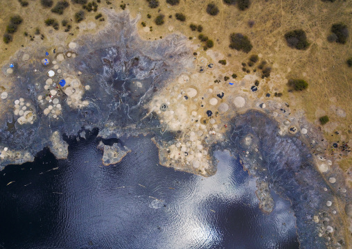 Aerial view of the volcano crater where Borana tribe men dive to collect salt, Oromia, El Sod, Ethiopia