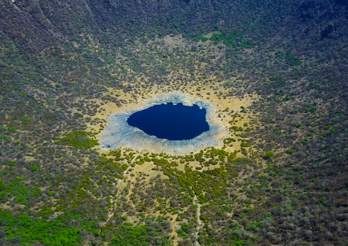 Aerial view of the volcano crater where Borana tribe men dive to collect salt, Oromia, El Sod, Ethiopia