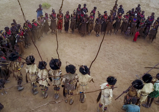Aerial view of dimi ceremony in the Dassanech tribe to celebrate circumcision of teenagers, Omo Valley, Omorate, Ethiopia
