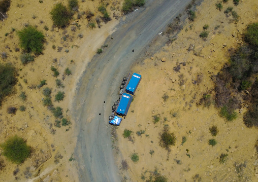 Aerial view of a truck overturned on a mountain road, Omo Valley, Konso, Ethiopia