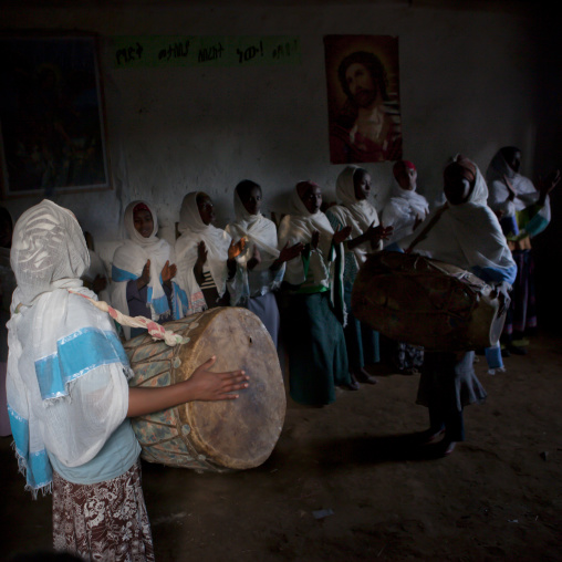 Women singing and playing drums in church, Addid ababa, Ethiopia