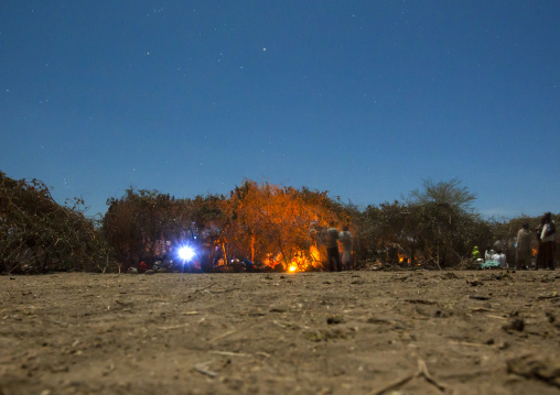 Night View Of Karrayyu Tribe People Near The House Built For The Gadaaa Ceremony, Metahara, Ethiopia