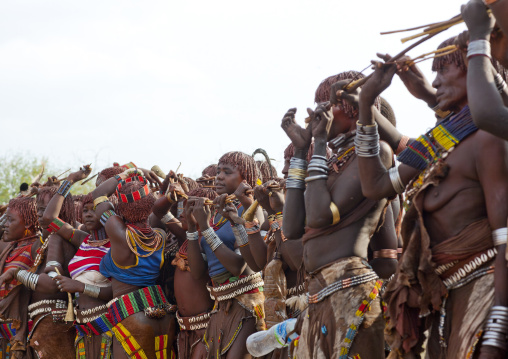 Hamer Tribe Women Watching At The Final Test During Bull Jumping Ceremony, Omo Valley, Ethiopia