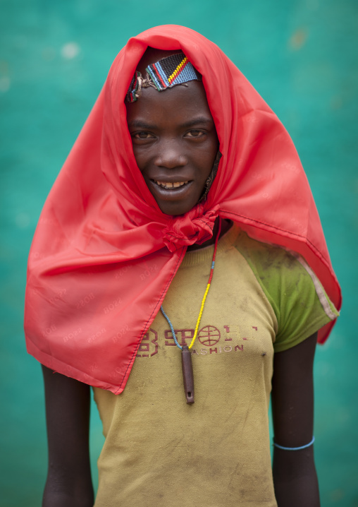 Banna Teenage Girl With Whistle And Flushing Red Headscarf Portrait Omo Valley Ethiopia