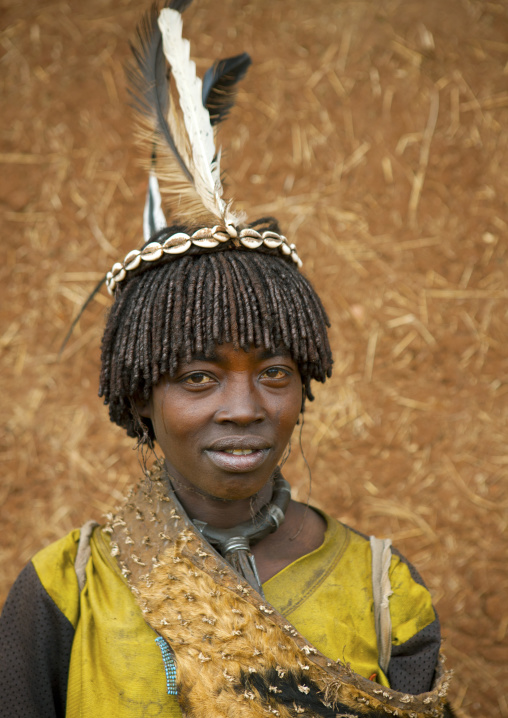 Portrait Of Bana Woman With Feathers And Skin Key Afer Omo Valley Ethiopia