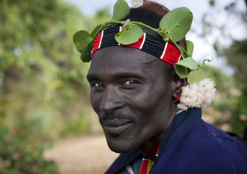 Bana Smiling Man With Beaded Crown Of Leaves Portrait Ethiopia