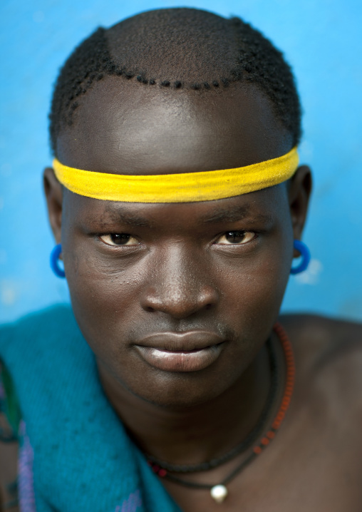 Bodi Man Portrait With Original Hairstyle And Yellow Headband Hana Mursi Village Omo Valley Ethiopia