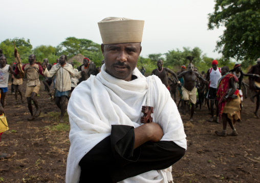 Orthodox  Priest With White Loincloth Kael New Year Ceremony Omo Valley Ethiopia