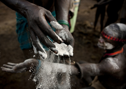 Hands Putting Ash On Another Bodi Body Kael New Year Ceremony Omo Valley Ethiopia