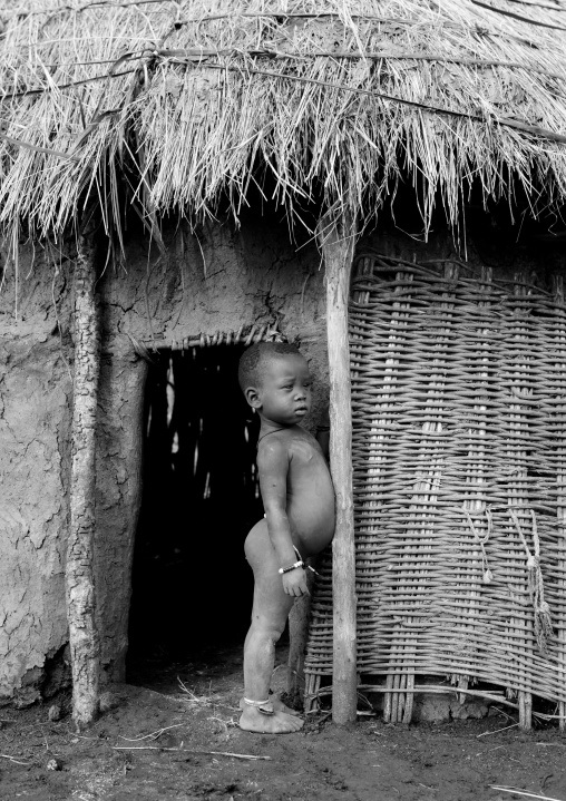Little Naked Bodi Boy Standing At The Entrance Of Hut Kael New Year Ceremony Omo Valley Ethiopia
