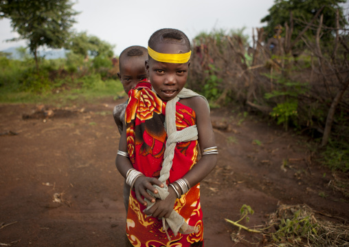 Two Little Bodi Boys Playing Kael New Year Ceremony Omo Valley Ethiopia