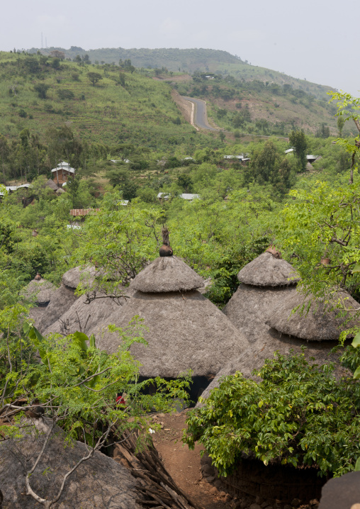 Thatch Roof Of Konso Village Huts Road In Background Ethiopia