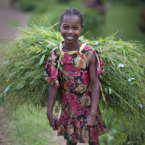 Young girl with a load of green straw on her back, Ethiopia