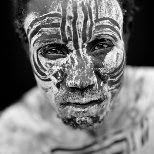 Portrait Of Karo Man With White Paint On Face  Omo Valley Ethiopia