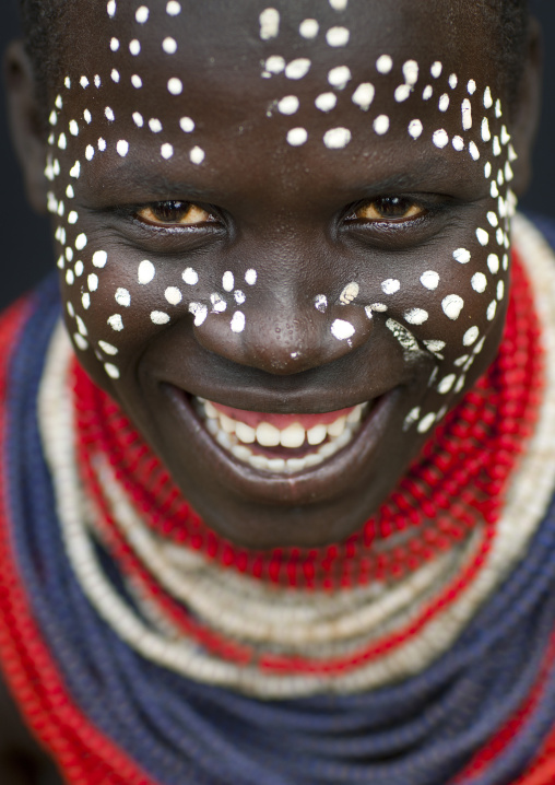 White Dots Painted Face Of Karo Woman Smiling Portrait Omo Valley Ethiopia