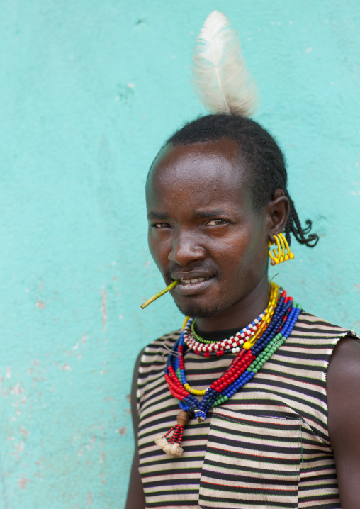 Portrait Of Hamer Man Chewing Miswak Stick Omo Valley Ethiopia