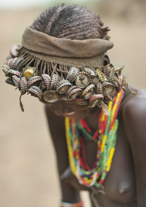 Young Smiling Dassanech Woman Wearing Bottle Caps Headdress Omo Valley Ethiopia