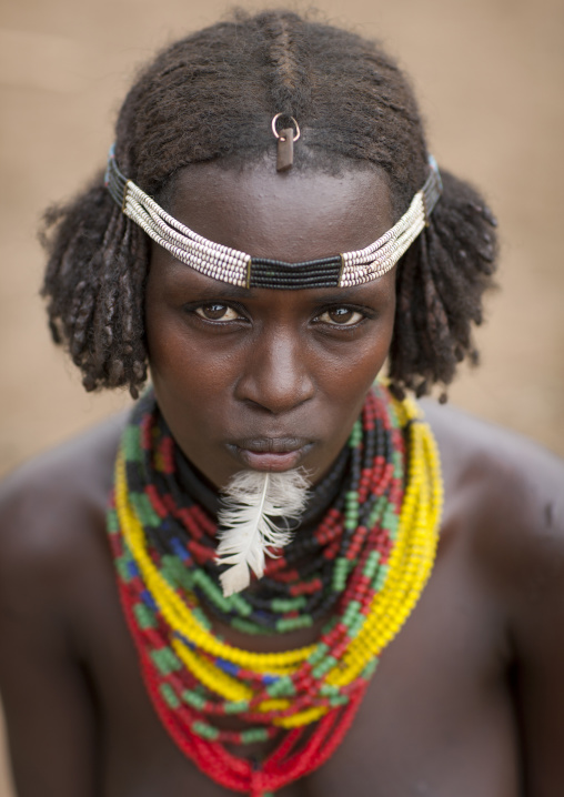 Dassanech Woman Portrait With Beaded Necklaces And Feather Omo Valley Ethiopia