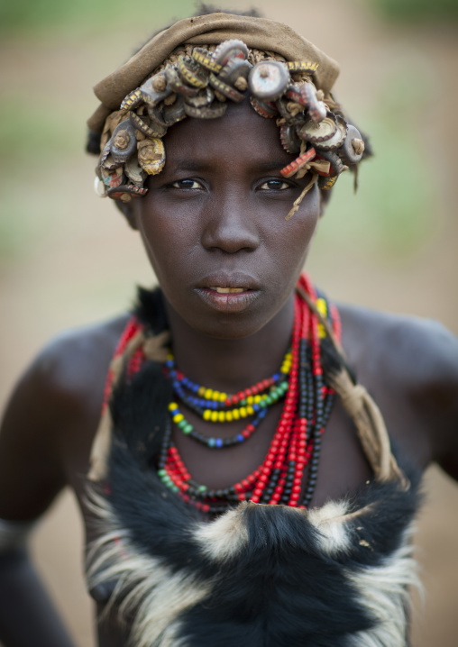Young Dassanech Woman Wearing Bottle Caps Headdress Portrait Omo Valley  Ethiopia